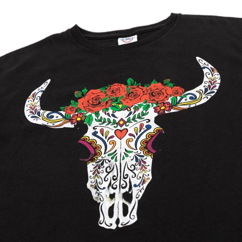 Vintage Rose Cow Skull Graphic Tee Delta Pro Weight Medium (See Measurements)
